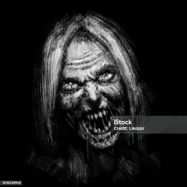 Scary Zombie Female Face On Black Background Stock Illustration - Download Image Now - Spooky, Horror, Human Face