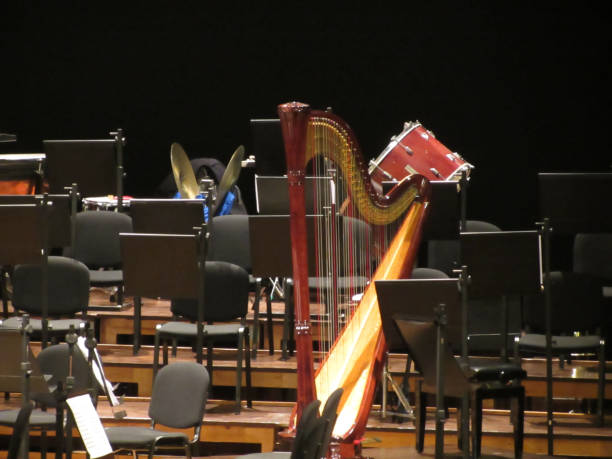 istock Empty chairs stand on stage in concert hall . There are musical instruments including harp, cymbals and drum 1018335568