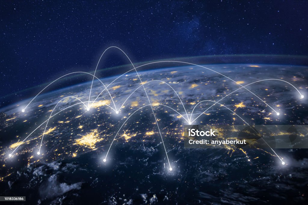 rete globale intorno alla Terra, concetto di tecnologia dell'informazione - Foto stock royalty-free di Connessione