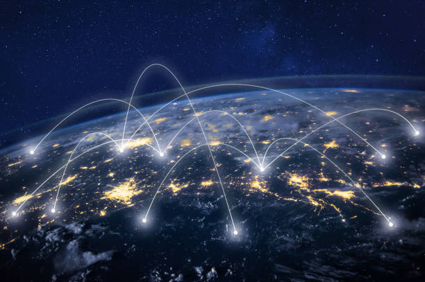 global network around Earth, information technology concept Telecommunication, planet Earth from space, business communication worldwide, original image furnished by NASA - https://images-assets.nasa.gov/image/iss040e090540/iss040e090540%7eorig.jpg electromagnetic photos stock pictures, royalty-free photos & images