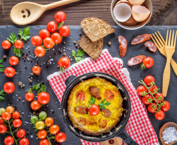 istock round frying pan with fried omelette 1018346312