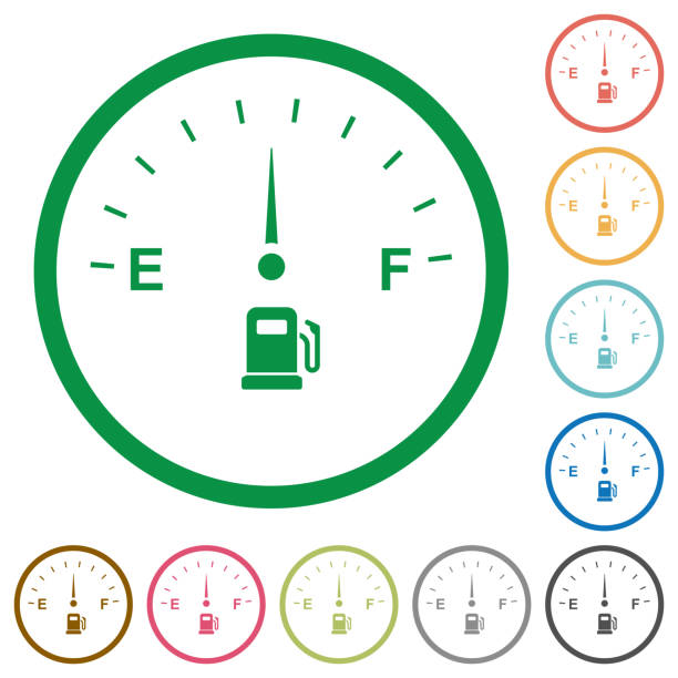 ilustraciones, imágenes clip art, dibujos animados e iconos de stock de planos iconos de indicador de combustible con contornos - gas gauge full empty