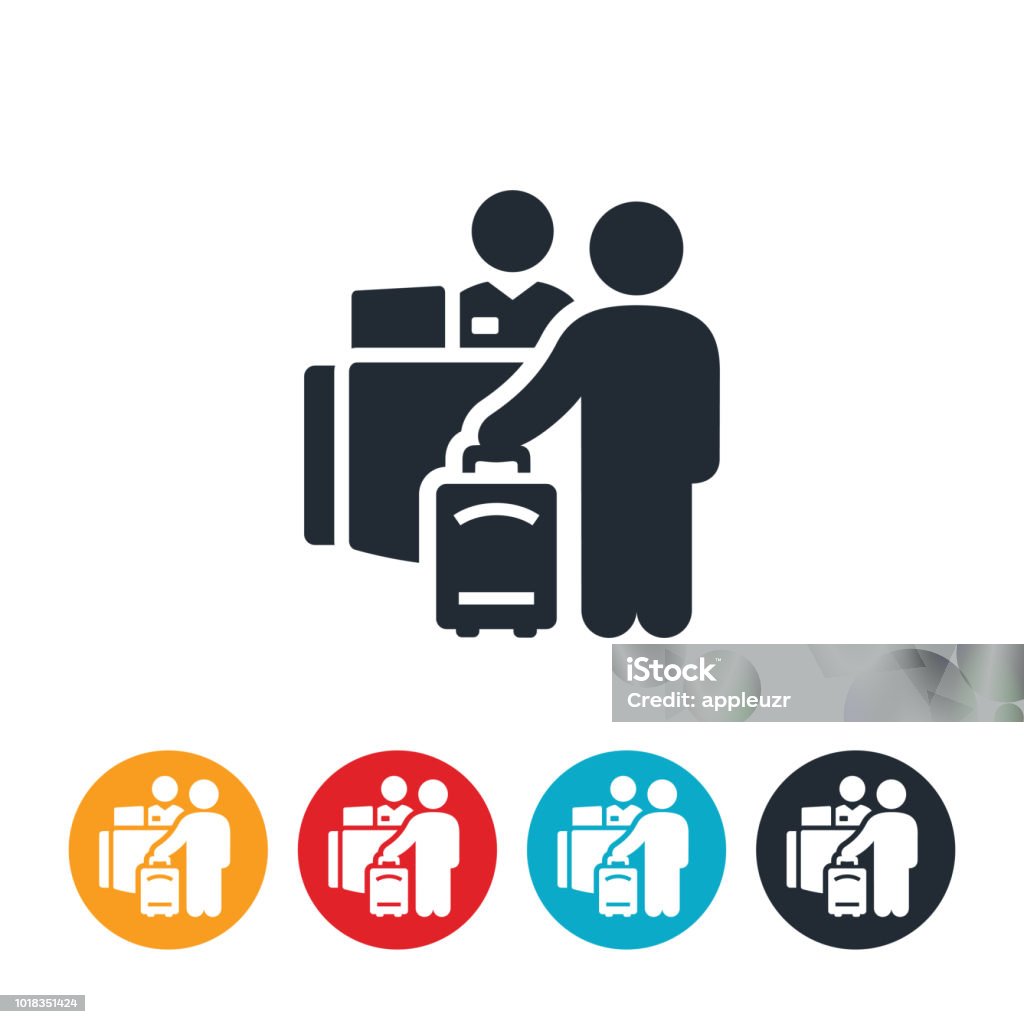 Airport Checkin Icon An icon of a person with lugguage at a checkin counter at the airport or a hotel. Hotel Reception stock vector