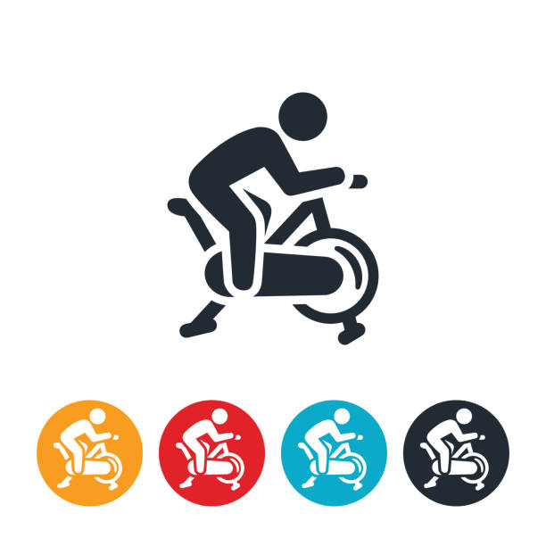 ilustraciones, imágenes clip art, dibujos animados e iconos de stock de persona en un icono de la bicicleta de ejercicio - máquinas de ejercicios