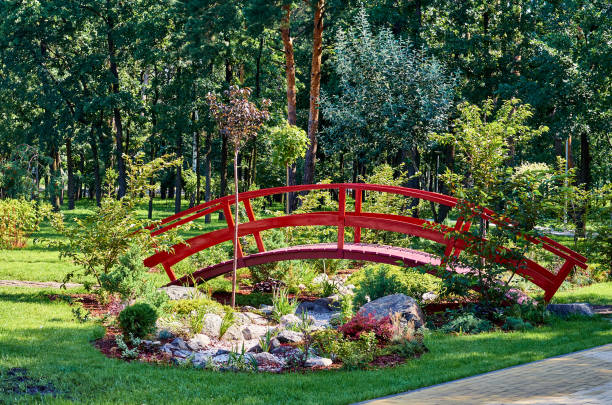 wooden red decorative bridge across the pond.