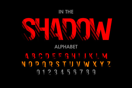 Modern font with shadow effect, alphabet letters and numbers, vector illustration