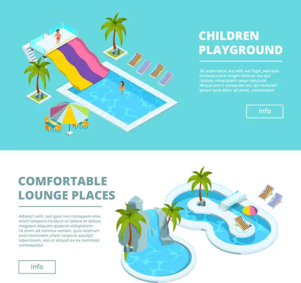 Vector illustration of Horizontal banners with isometric pictures of water park and kids playgrounds