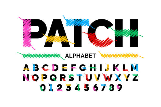 Patched font design Patched font design stitched with thread, embroidery font alphabet letters and numbers vector illustration thread sewing item stock illustrations