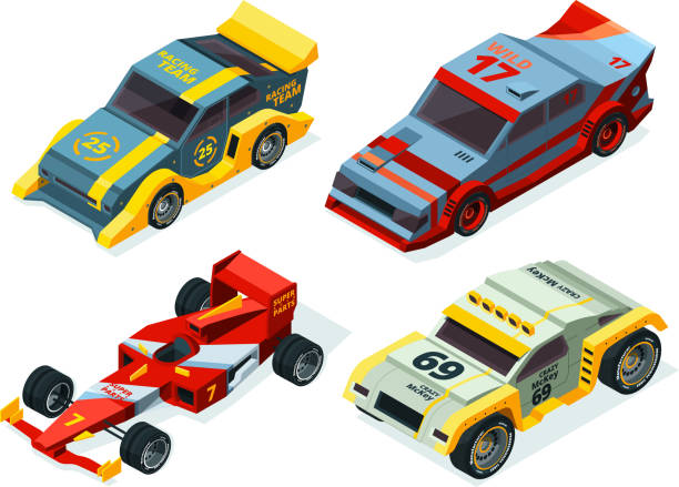 ilustraciones, imágenes clip art, dibujos animados e iconos de stock de juego de coche de carrera. coches de carreras 3d. fotos deporte isométrico - car cockpit sports race strength