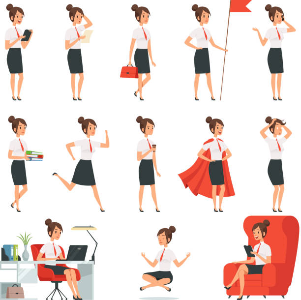 ilustrações de stock, clip art, desenhos animados e ícones de businesswoman characters. business ladies in various action pose - businesswoman skirt isolated standing