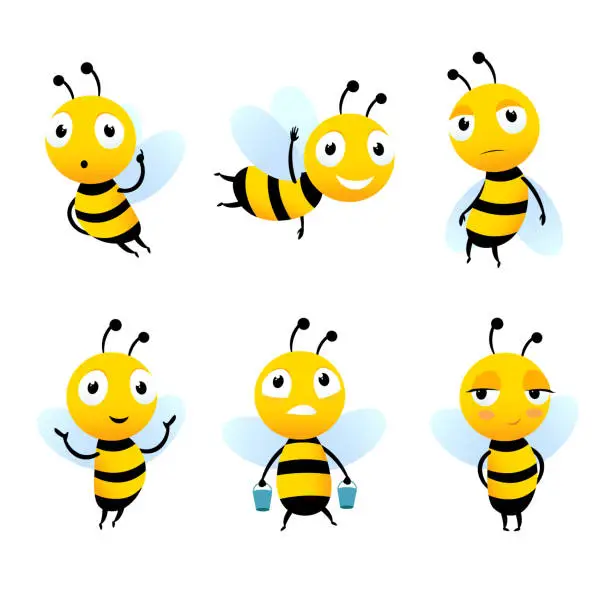 Vector illustration of Various cartoon characters of bees with honey