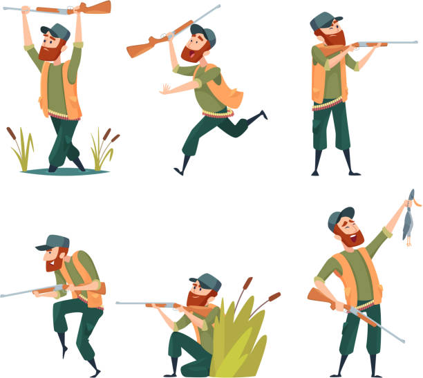 postacie myśliwych. wektorowe ilustracje kreskówek różnych maskotek myśliwych - hunting rifle sniper duck hunting stock illustrations