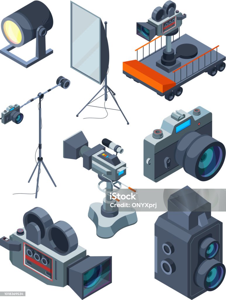 Photo video cameras. Various equipment of video or photo studio Photo video cameras. Various equipment of video or photo studio. Photography professional device. tripod and cart, screen and camcorder, vector illustration Camera - Photographic Equipment stock vector