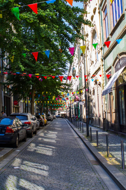 street decorated with flags for popular saints festival - santos populares imagens e fotografias de stock