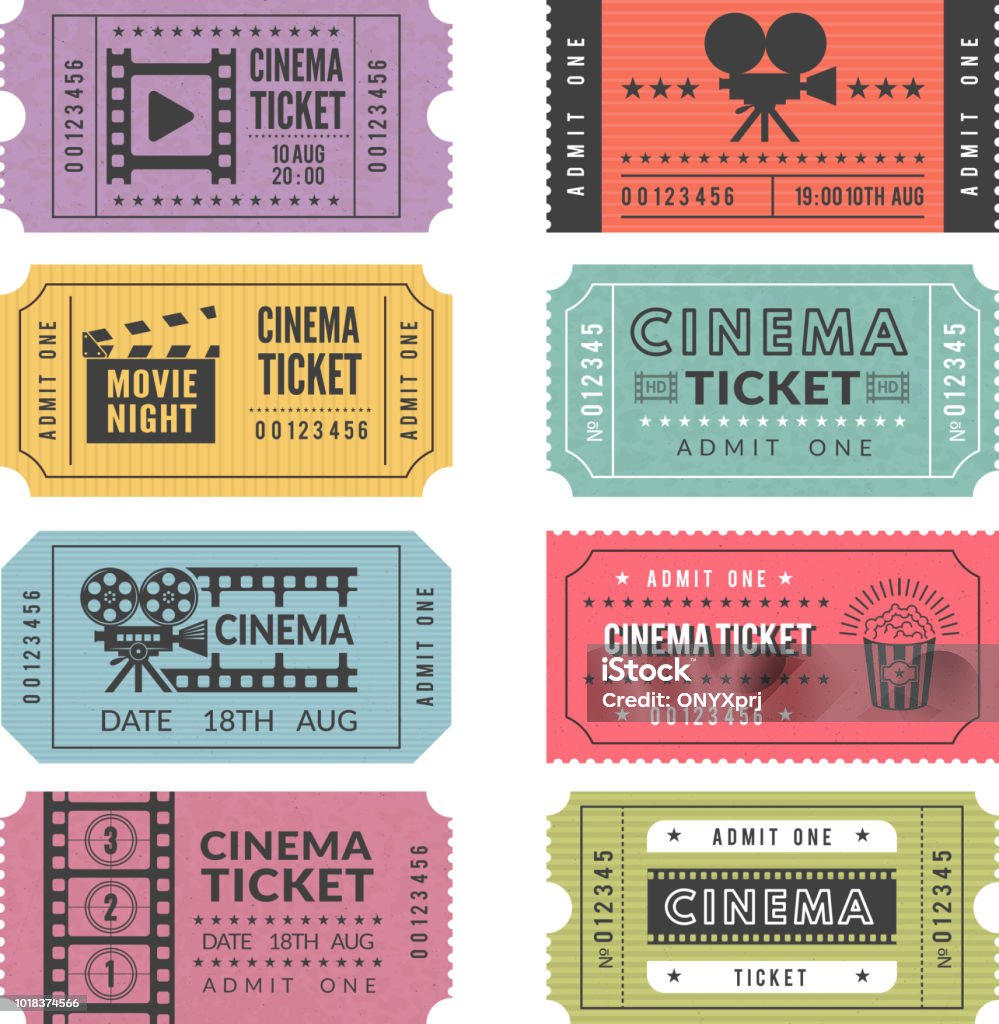 Template of cinema tickets. Vector designs of various cinema tickets with illustrations of video cameras and other tools Template of cinema tickets. Vector designs of various cinema tickets with illustrations of video cameras and other tools. Ticket to entertainment cinema, movie film Event stock vector