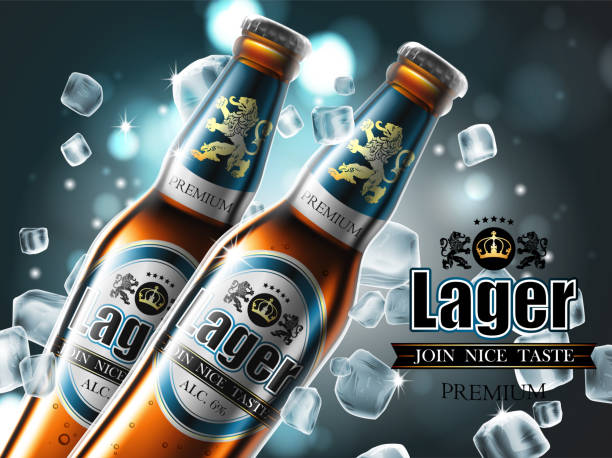 illustrazioni stock, clip art, cartoni animati e icone di tendenza di design di birra pubblicitaria con due bottiglie in cubetti di ghiaccio. - beer bottle beer cold alcohol