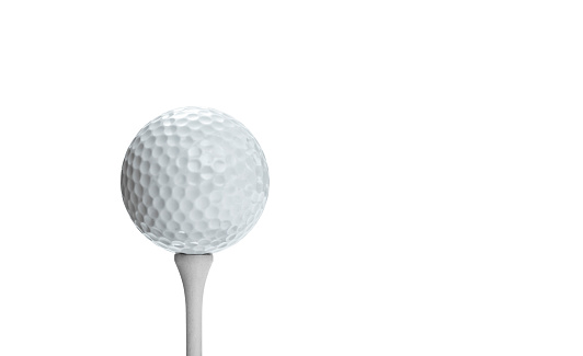 Golf Ball concept: 3D render of a small hard dimpled, round, spherical, white object used in a game to throw into holes in ground. Background with copy space for international TPC Gulf Clubs, famous holes and celebrity players.