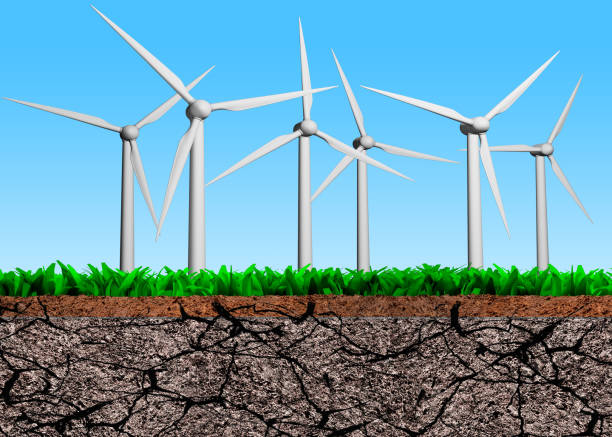 istock Wind turbines on grass dry soil cross section, 3D illustration 1018378236