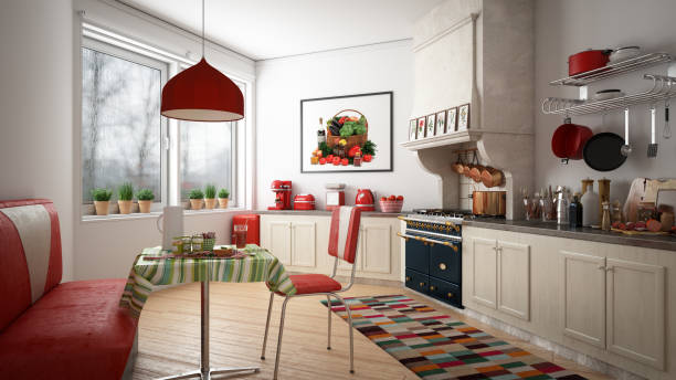 Domestic Kitchen Interior Digitally generated hexagonal shaped domestic kitchen interior design.The scene was rendered with photorealistic shaders and lighting in Autodesk® 3ds Max 2016 with V-Ray 3.6 with some post-production added. red kitchen cabinets stock pictures, royalty-free photos & images