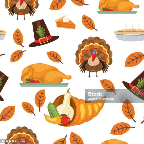 Flat Design Autumn Seamless Pattern Stock Illustration - Download Image Now - Thanksgiving - Holiday, Turkey - Bird, Turkey Meat