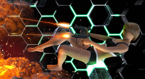 istock Futuristic Cyborg Girl Under Enemy Attack 1018384326