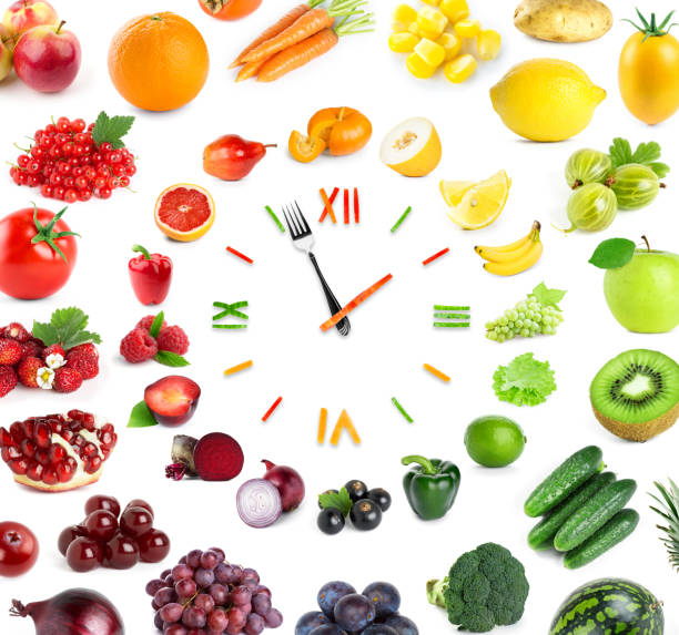 istock Food clock with fresh fruits and vegetables 1018384764