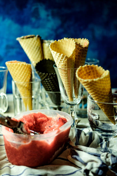 istock White and black waffle cones for ice cream. 1018389166