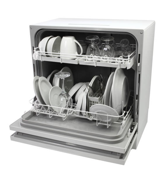 istock open dishwasher with clean dishes isolated on white background 1018389312