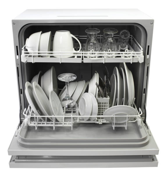 istock open dishwasher with clean dishes isolated on white background 1018389322