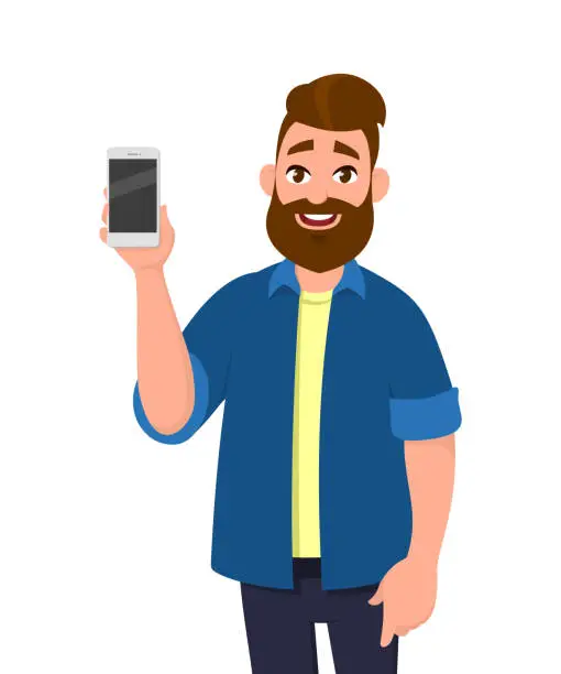 Vector illustration of Young man showing smartphone. Mobile phone concept. Vector illustration in cartoon style.