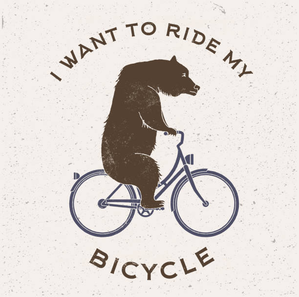 Bear on bicycle Vector Illustration of the bear on bicycle with captions I Want To Ride My Bicycle. Vintage styled postcard. retro bicycle stock illustrations