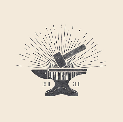 Handcrafted. Vintage styled vector illustration of the hammer and anvil. Vector icon.