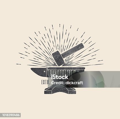istock Handcrafted. Vintage styled vector illustration of the hammer and anvil 1018390486