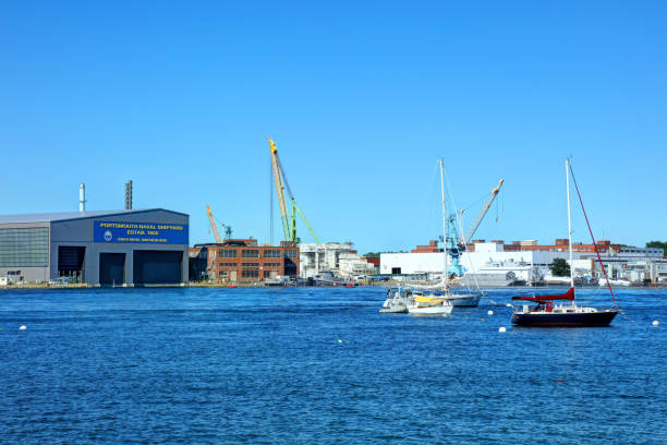 Portsmouth, New Hampshire, USA - July 19, 2018: Daytime view of the Portsmouth Navy Yard located in Kittery on the southern boundary of Maine near the city of Portsmouth, New Hampshire.