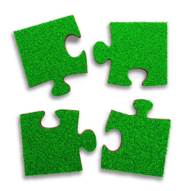 istock Four jigsaw puzzles with green grass, 3D illustration 1018392932