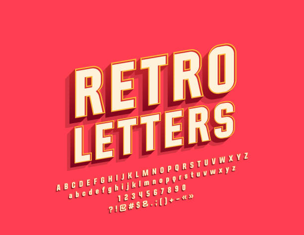Vector Retro Bright Alphabet Letters, Numbers and Symbols Vintage Stylish Font for Logo, Emblem, Banner stereoscopic image stock illustrations