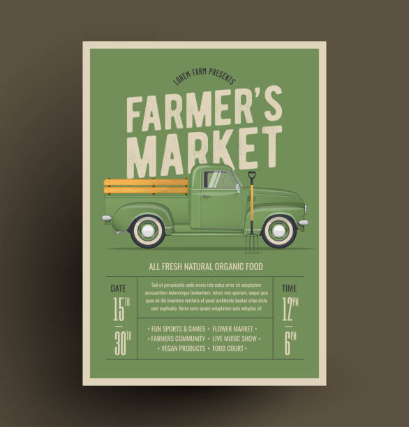 ilustrações, clipart, desenhos animados e ícones de pick-up do velho estilo agricultor. ilustração em vetor. - organic farmers market market vegetable