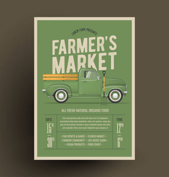 Farmer's Market Flyer Poster Invitation Template. Based On Old Style Farmer's Pickup Truck. Vector Illustration.
