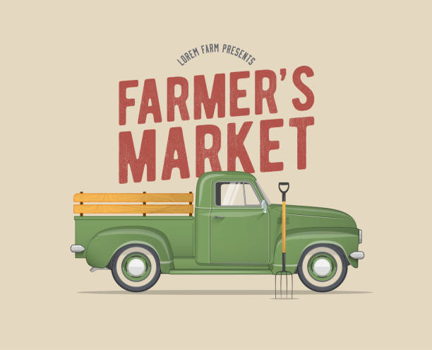 ilustrações de stock, clip art, desenhos animados e ícones de farmer's market themed vintage styled vector illustration of the old school farmer's green pickup truck - farmers market illustrations