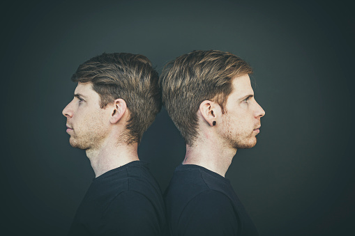 twin brothers head to head portrait, side view.