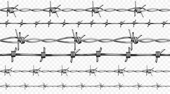 Barbed or barb wire vector illustration of seamless realistic 3D metallic fence wires with sharp edges isolated on white background