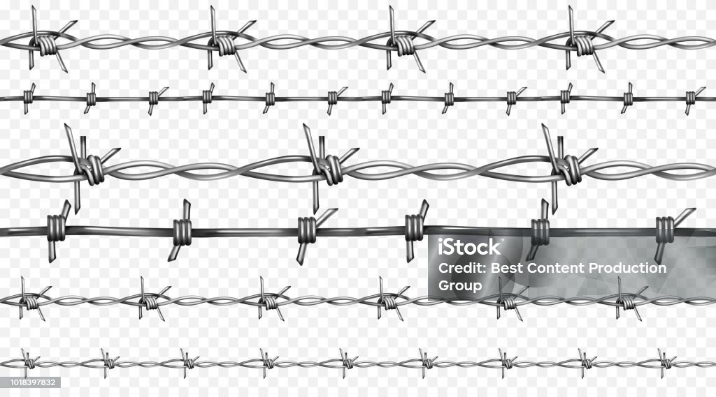 Barbed wire realistic seamless vector illustration Barbed or barb wire vector illustration of seamless realistic 3D metallic fence wires with sharp edges isolated on white background Barbed Wire stock vector