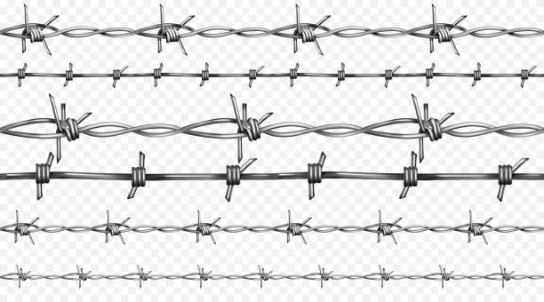 Barbed wire realistic seamless vector illustration Barbed or barb wire vector illustration of seamless realistic 3D metallic fence wires with sharp edges isolated on white background barbed wire stock illustrations