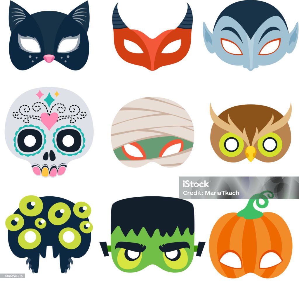 Halloween party masks vector illustration. Halloween party masks vector illustration. Cat, devil, monster, pumpkin, mummy owl spider skull designs Halloween stock vector