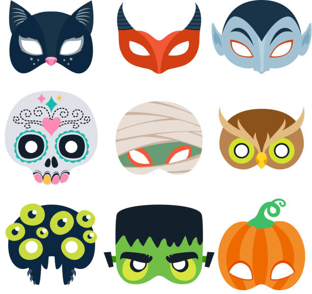 Halloween party masks vector illustration. Halloween party masks vector illustration. Cat, devil, monster, pumpkin, mummy owl spider skull designs fancy dress costume stock illustrations