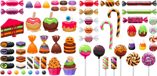 Halloween sweet treats set. Candies and snacks. Halloween sweet treats set. Candies and snacks. - hard candy, chocolate egg and bar, candy cane, lollipop, peppermint. Vector illustration. Good for holiday designs. easter cake stock illustrations