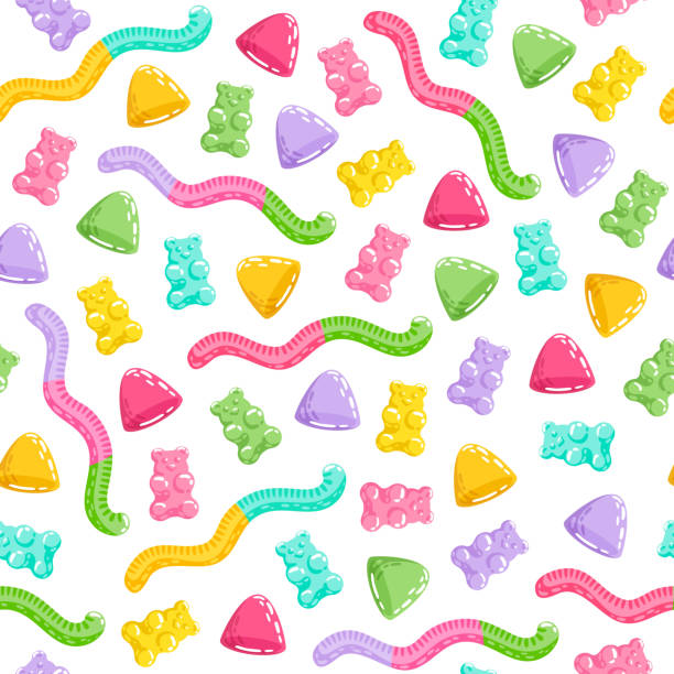 gummibärchen und gelee würmer musterdesign. - gummibärchen stock-grafiken, -clipart, -cartoons und -symbole