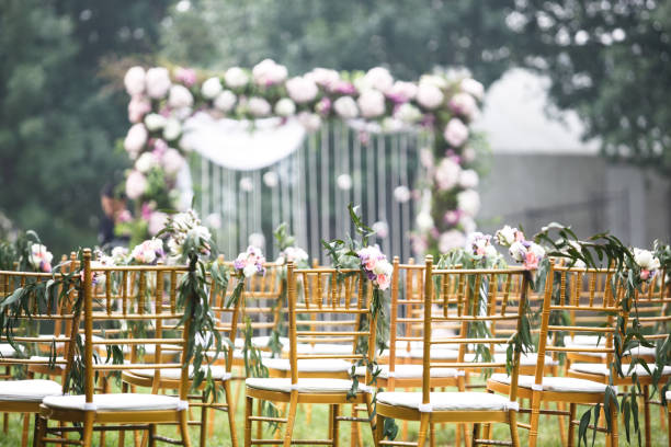 Decorated chairs at restaurant for wedding ceremony, for bride, groom, godfather and godmother