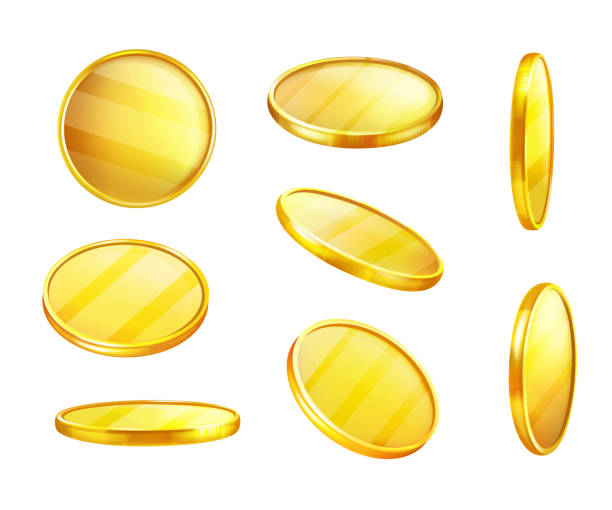 ilustraciones, imágenes clip art, dibujos animados e iconos de stock de moneda de oro de vectores en diferentes posiciones, dinero - token gold coin treasure