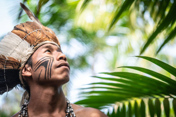 rdzenny brazylijski młody człowiek portret z guarani etniczności - indian ethnicity indian culture men portrait zdjęcia i obrazy z banku zdjęć